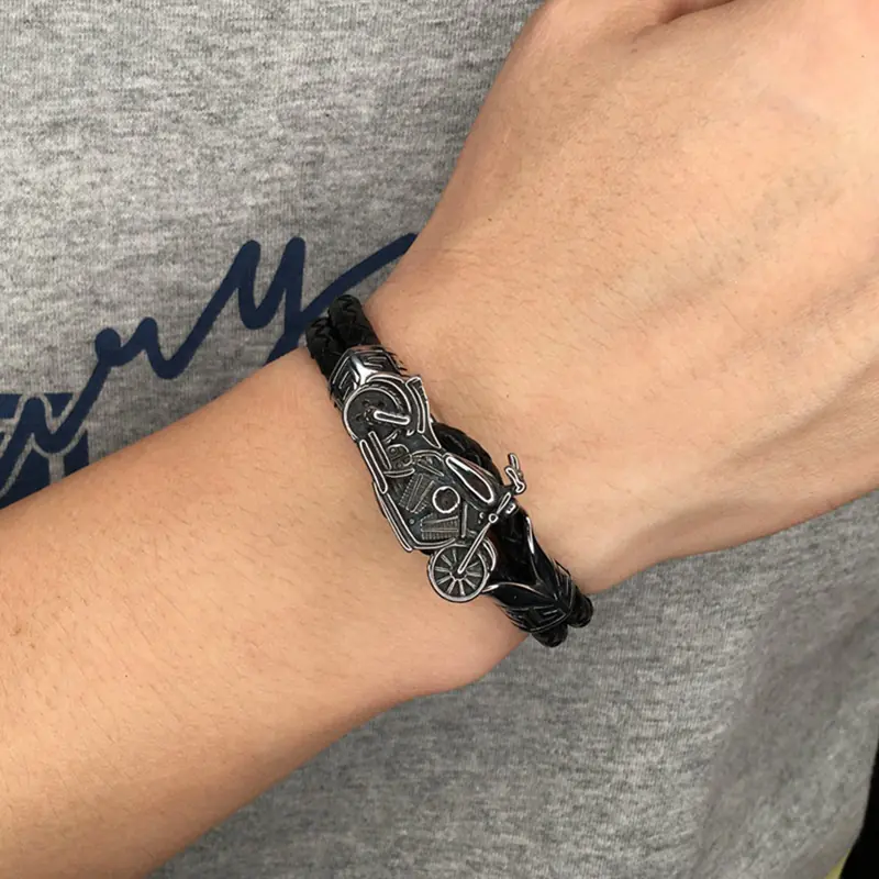 Men's Stainless Steel Leather Motorcycle Bracelet - Image 5