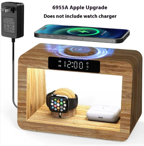 Multifunctional Bamboo Table Lamp Alarm Clock Wireless Charger - Image 4