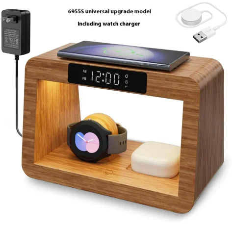 Multifunctional Bamboo Table Lamp Alarm Clock Wireless Charger - Image 5