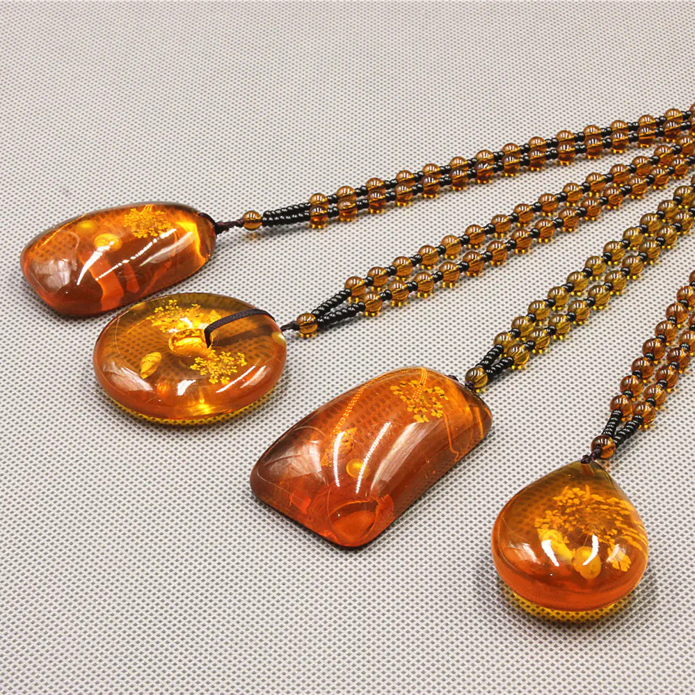 New Amber Resin Water Droplet Pendant Sweater Necklace - Image 3