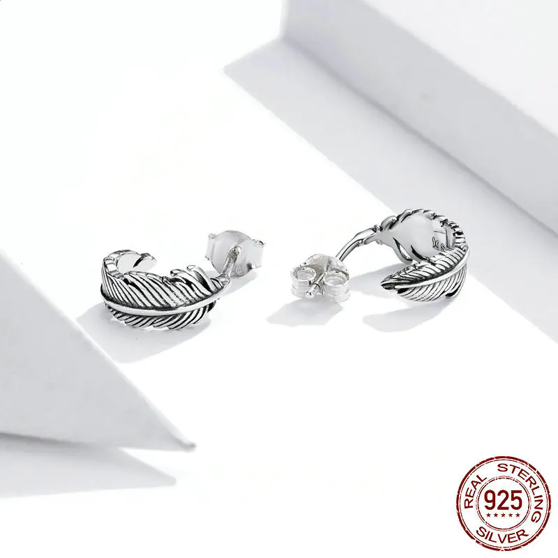 S925 Silver Feather Stud Earrings for Men and Women - Image 2