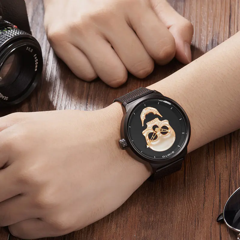 Skull Men's Watch with Black Metal Mesh Band
