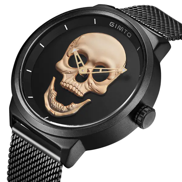 Skull Men's Watch with Black Metal Mesh Band - Image 4