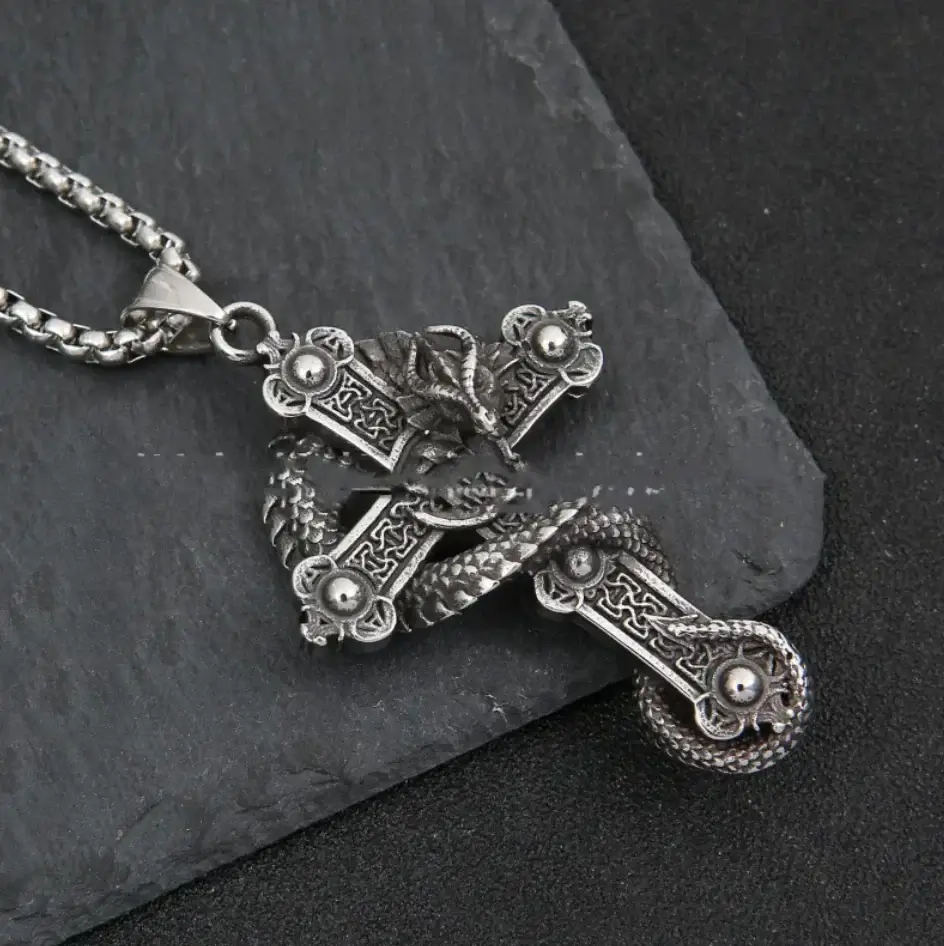 Stainless Steel Dragon Cross Pendant Necklace - Image 3