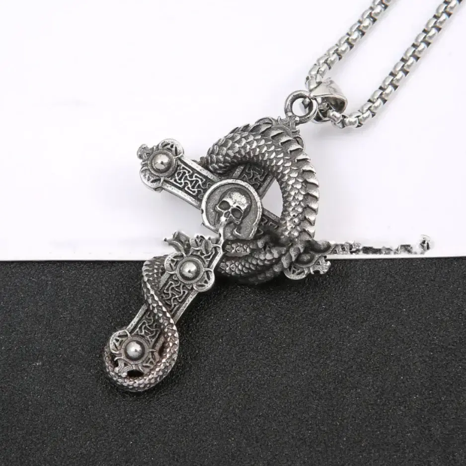 Stainless Steel Dragon Cross Pendant Necklace - Image 6