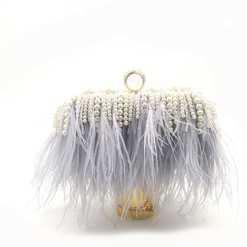 Trendy Ostrich Hair Clutch Bag with Pearl Chain - Image 2