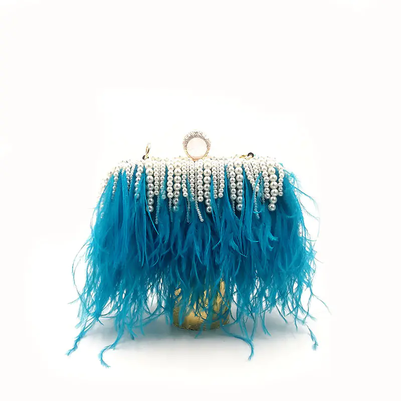 Trendy Ostrich Hair Clutch Bag with Pearl Chain - Image 3
