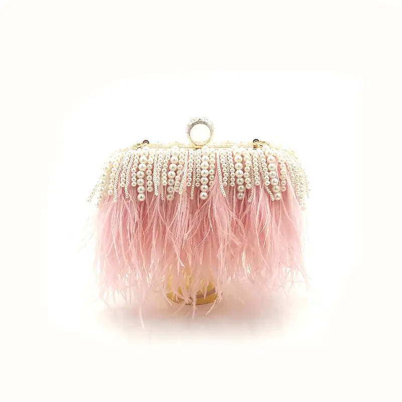 Trendy Ostrich Hair Clutch Bag with Pearl Chain - Image 4
