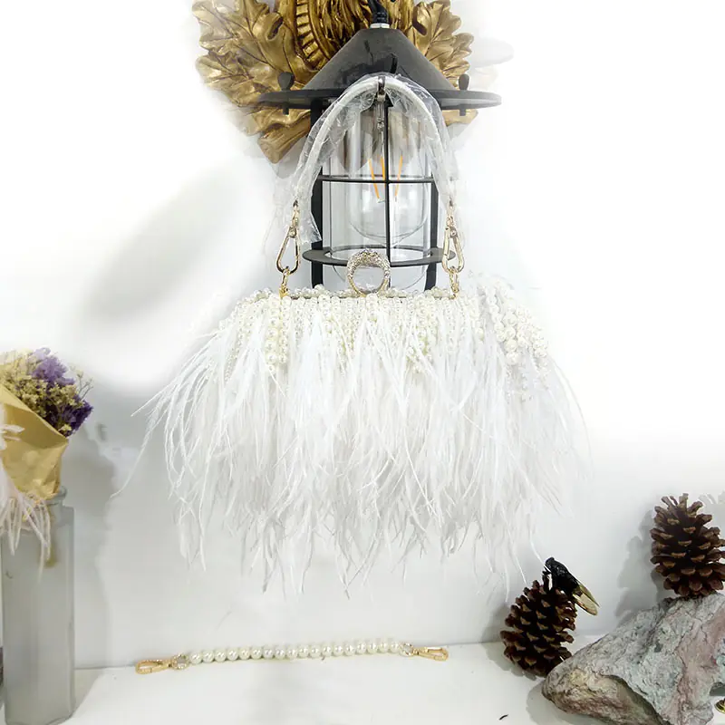 Trendy Ostrich Hair Clutch Bag with Pearl Chain - Image 5
