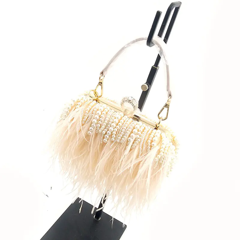 Trendy Ostrich Hair Clutch Bag with Pearl Chain - Image 6
