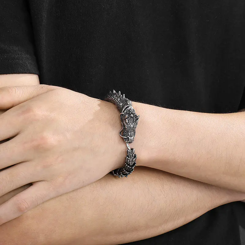 Vintage Black Titanium Steel Men's Dragon Bracelet - Image 2