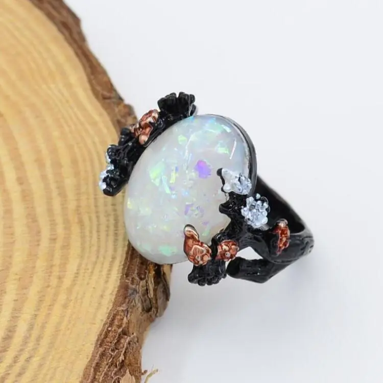 Vintage Flower Opal Ring in Black Gold Finish - Image 6