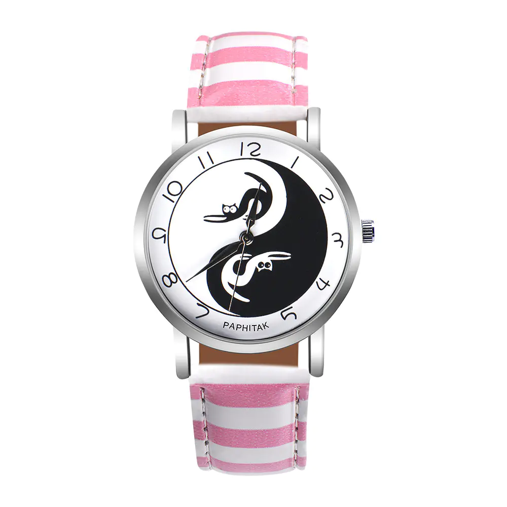 Women's Leather Cat Watch with Yin Yang Design - Image 16
