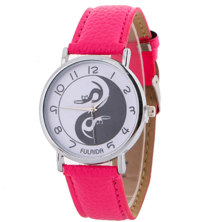 Women's Leather Cat Watch with Yin Yang Design - Image 2