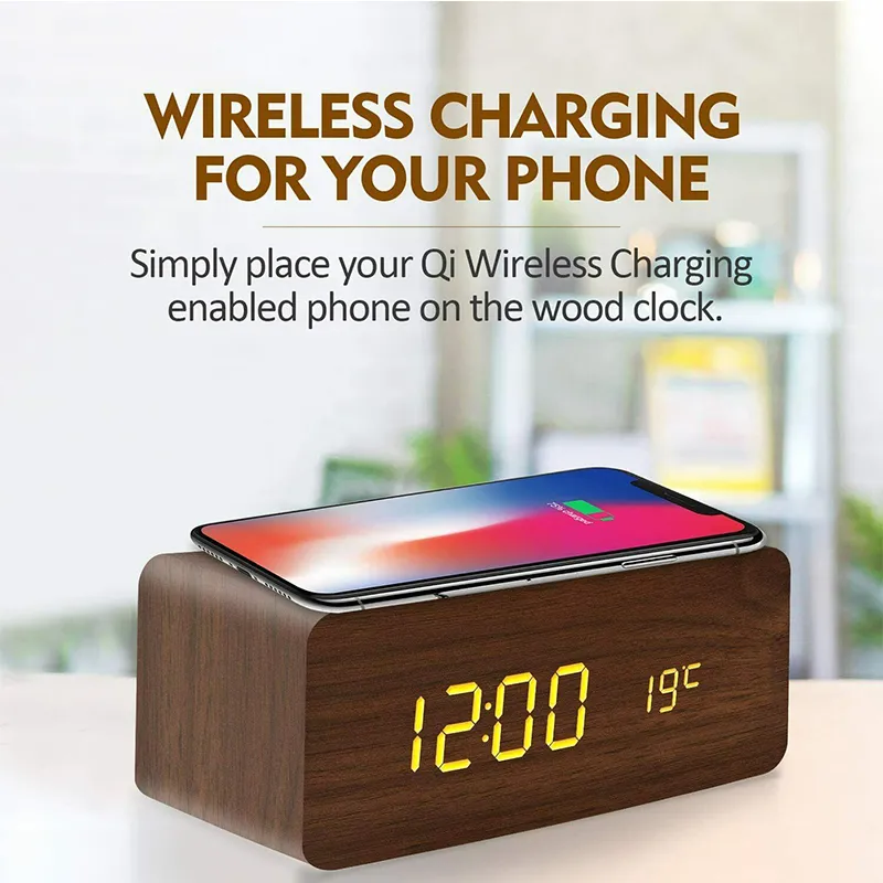 Wooden Digital Alarm Clock With Wireless Charging - Image 2