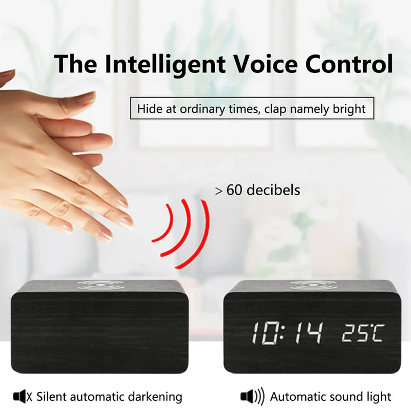 Wooden Digital Alarm Clock With Wireless Charging - Image 3