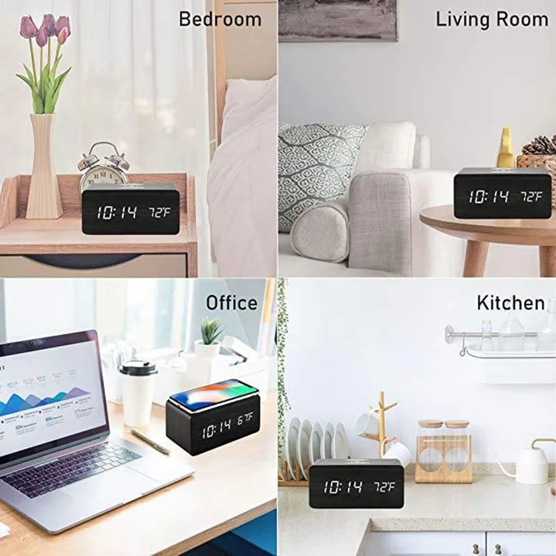 Wooden Digital Alarm Clock With Wireless Charging - Image 4