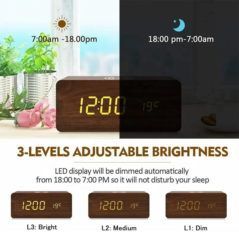 Wooden Digital Alarm Clock With Wireless Charging - Image 5