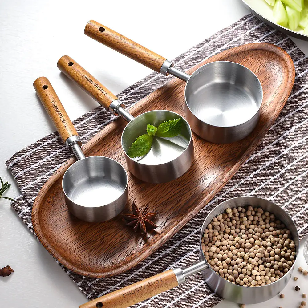 Wooden Handle Stainless Steel Measuring Cups Set - Image 3